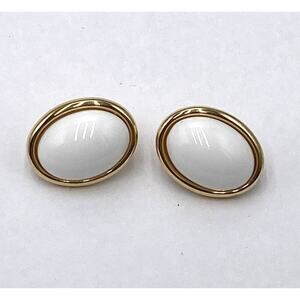 TRIFARI Vintage Earrings Gold Tone White Plastic Cabochon Studs Estate